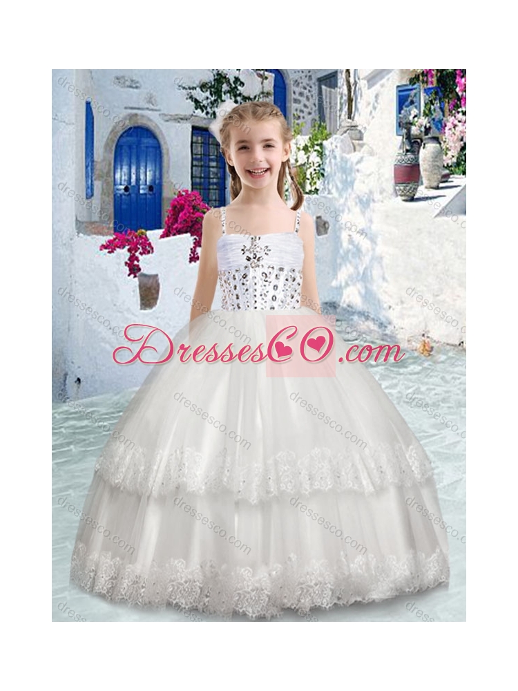 Latest Spaghetti Straps Flower Girl Dress with Beading and Lace