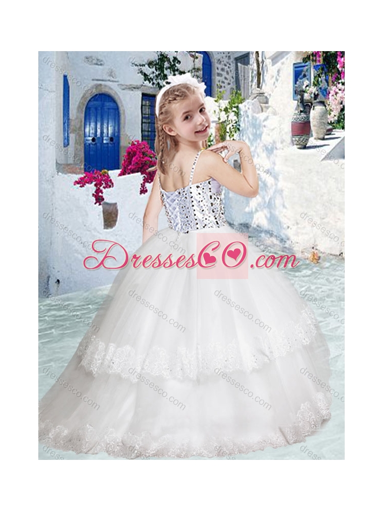 Latest Spaghetti Straps Flower Girl Dress with Beading and Lace