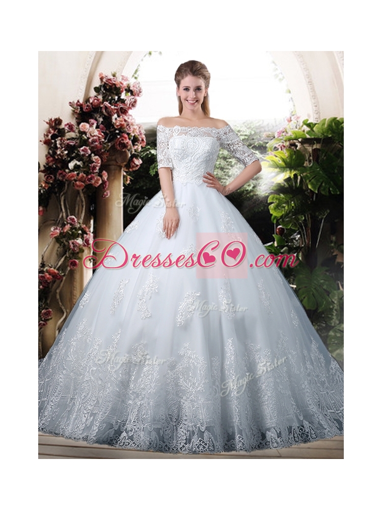 Elegant Ball Gown Off the Shoulder Lace Chapel Train Wedding Dress with Half Sleeves