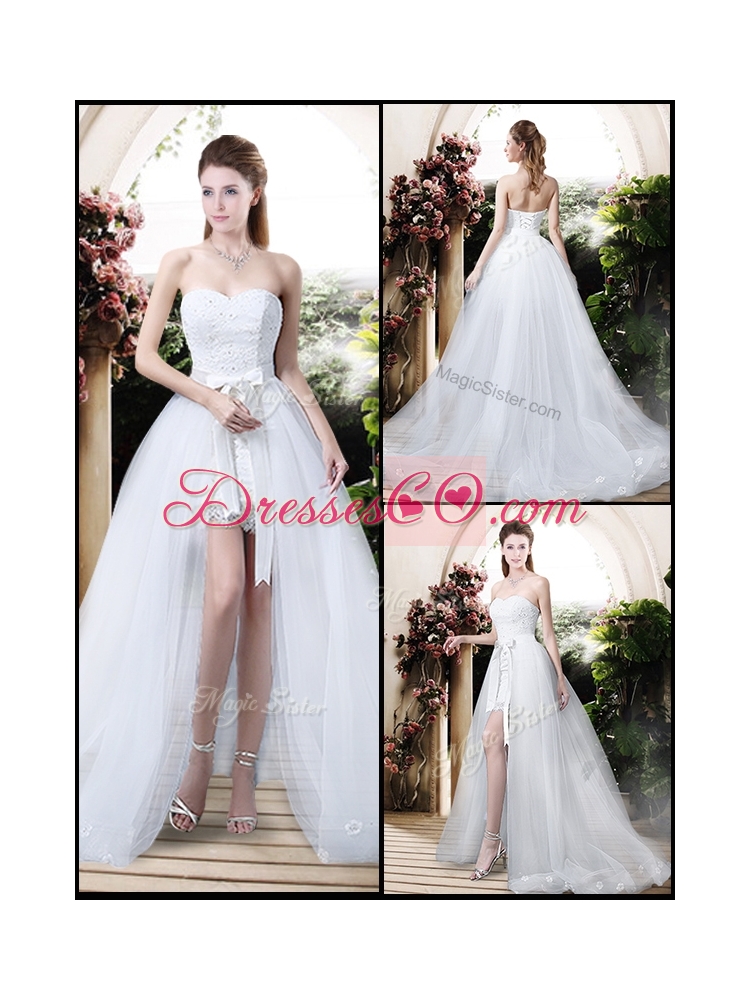 Classical High Low Detachable Wedding Dress with Appliques and Lace