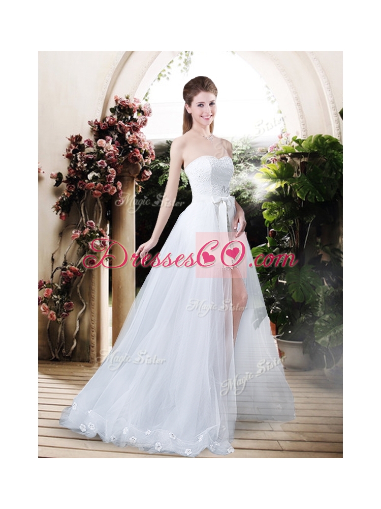 Classical High Low Detachable Wedding Dress with Appliques and Lace