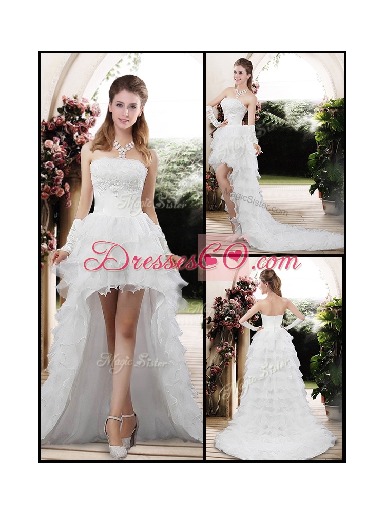 Fashionable Strapless High Low Appliques Wedding Dresses