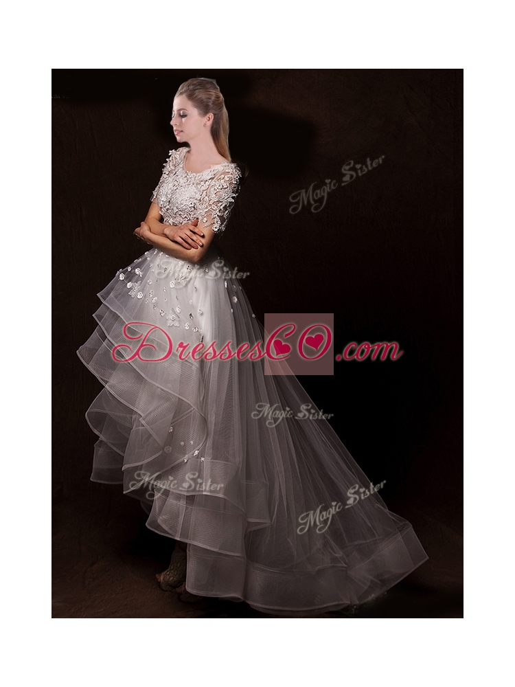 Latest Appliques High Low Wedding Dress with Short Sleeves