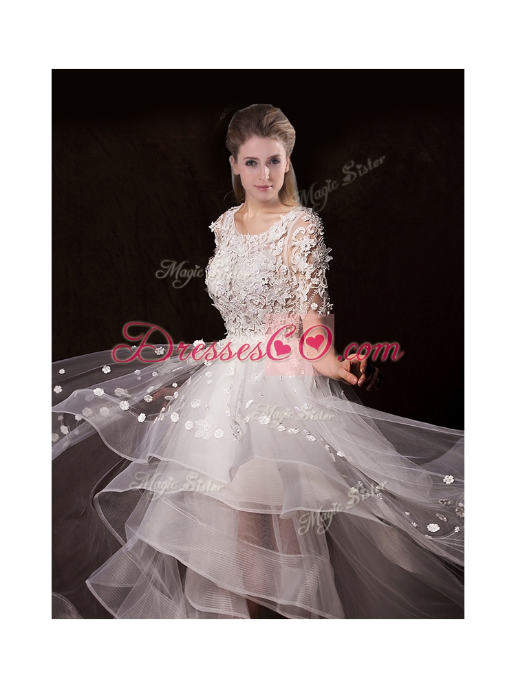 Latest Appliques High Low Wedding Dress with Short Sleeves