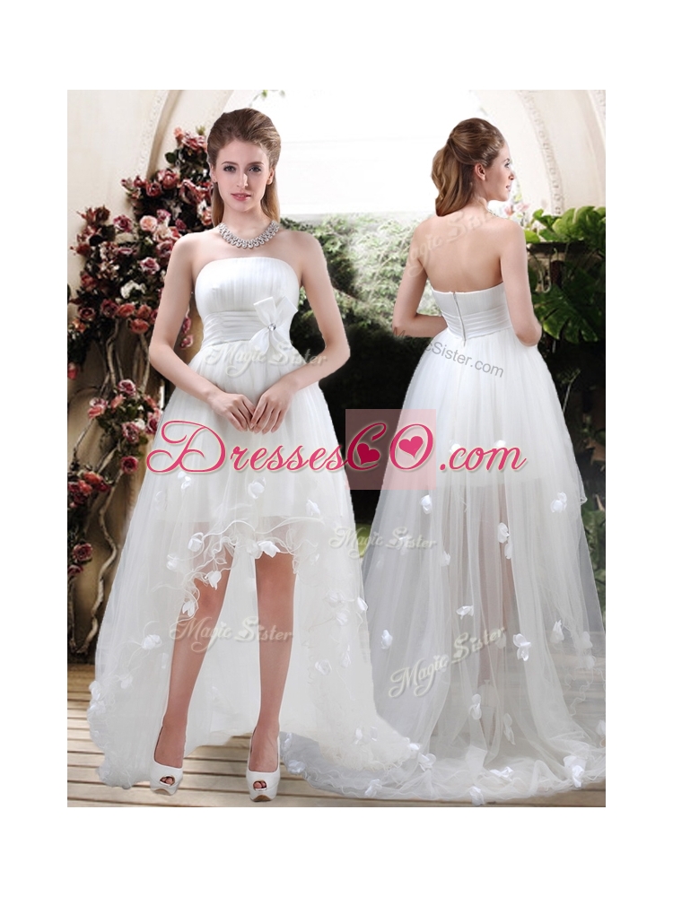 Modern Strapless Appliques and Belt Zipper Up Wedding Dress with High Low