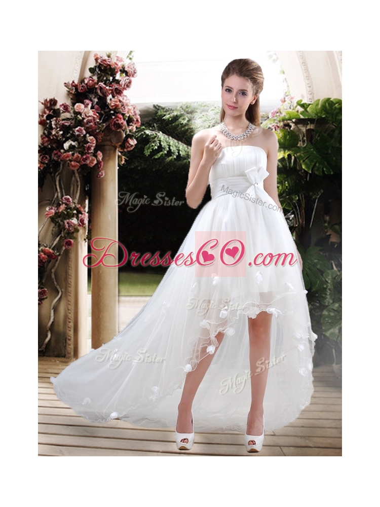 Modern Strapless Appliques and Belt Zipper Up Wedding Dress with High Low