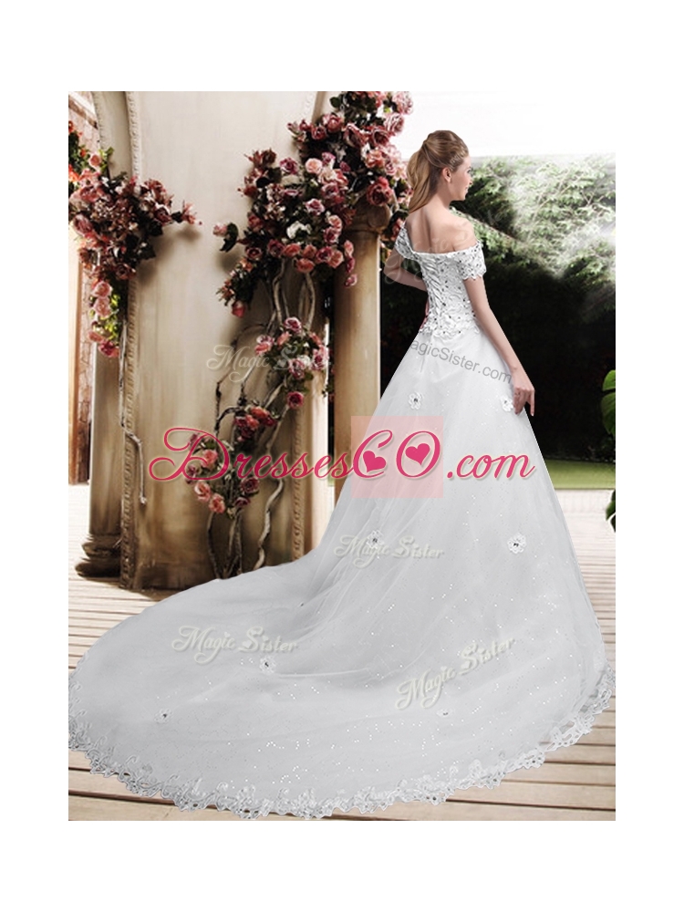 Perfect Off the Shoulder Appliques Wedding Dress with Cap Sleeves