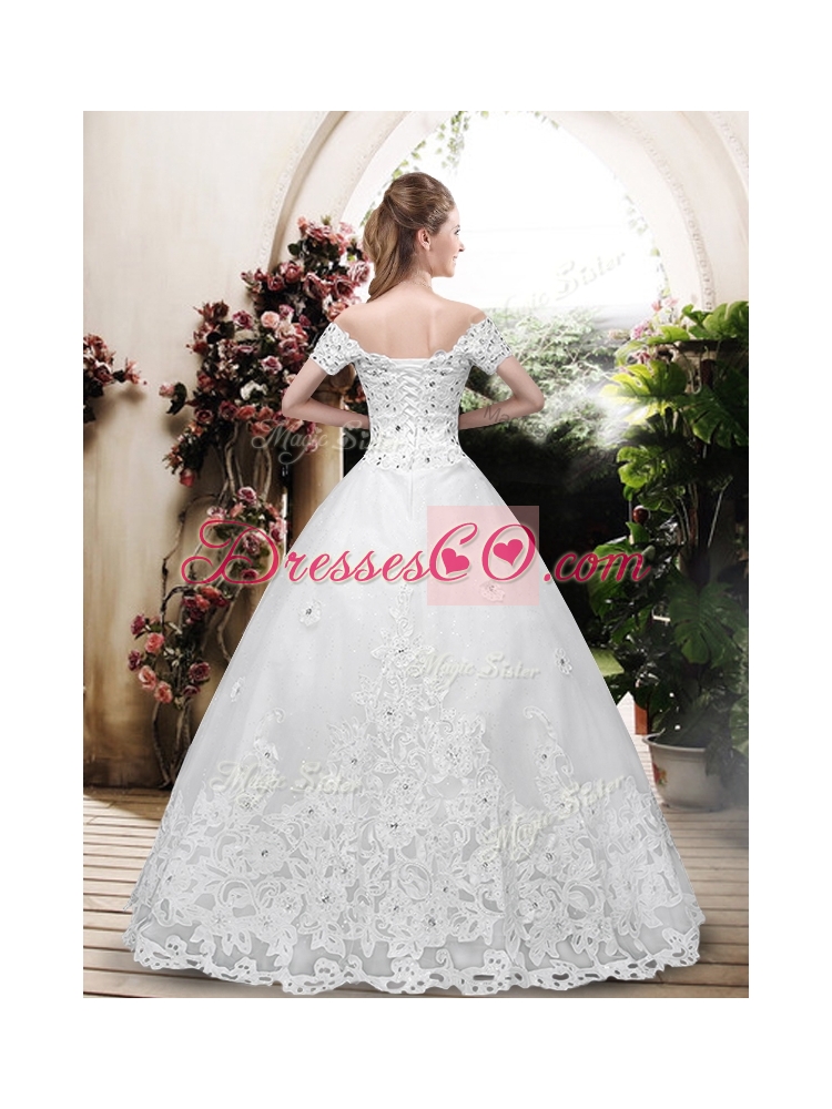 Perfect Off the Shoulder Appliques Wedding Dress with Cap Sleeves