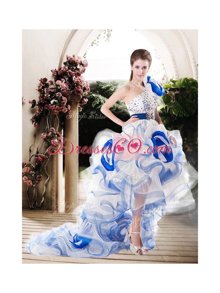 Popular One Shoulder High Low Wedding Dress with Beading and Ruffles