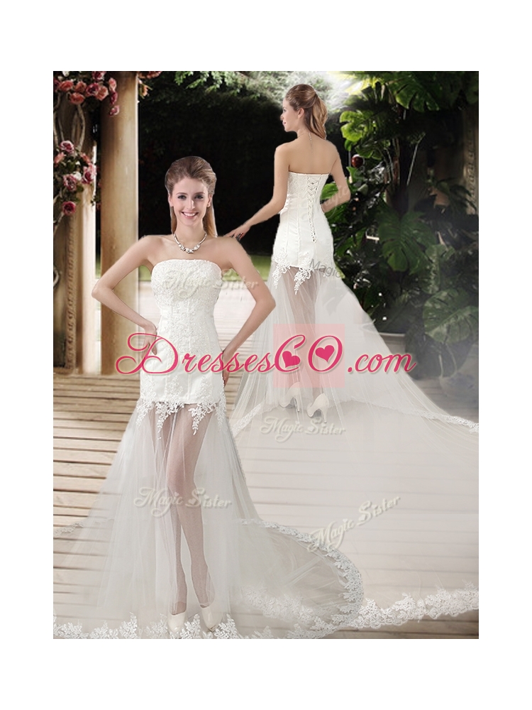 Popular See Through Empire Strapless Appliques Wedding Dress with Court Train