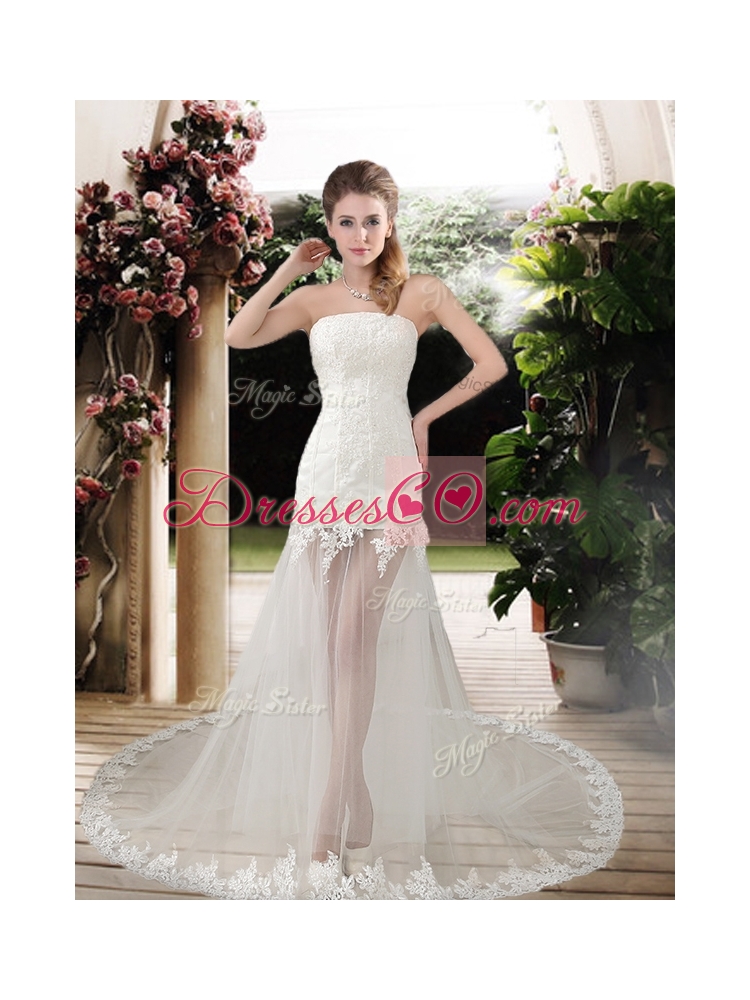 Popular See Through Empire Strapless Appliques Wedding Dress with Court Train