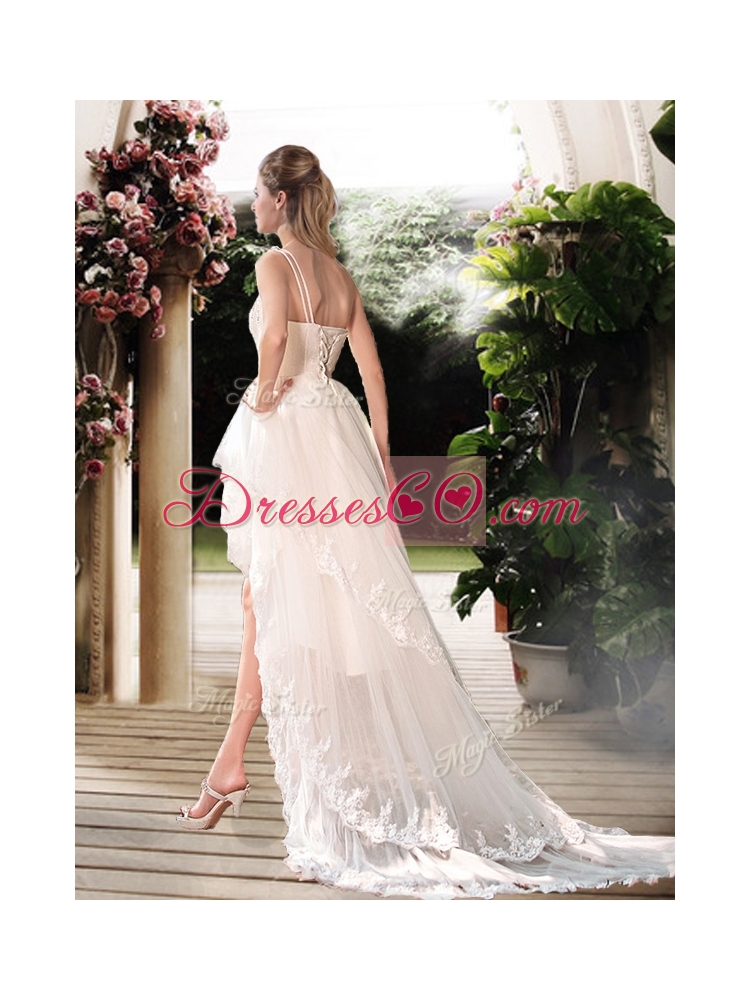 Simple One Shoulder High Low Wedding Dress with Beading and Appliques