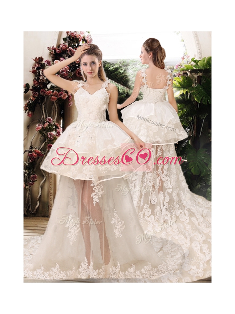 Latest Appliques Straps Wedding Dress with Brush Train