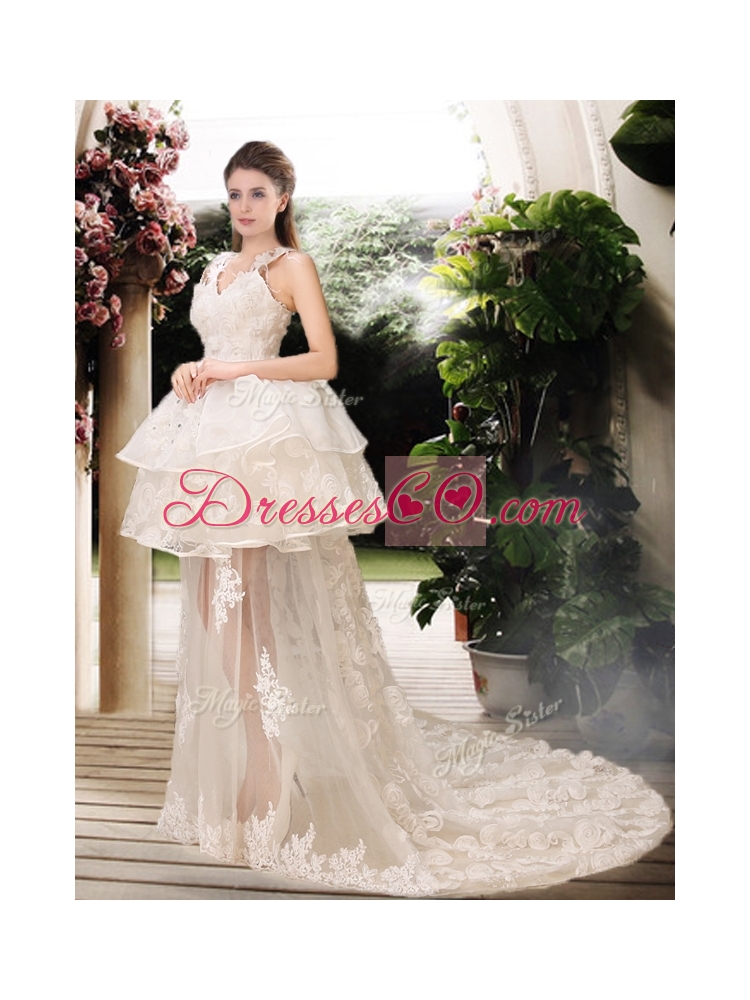 Latest Appliques Straps Wedding Dress with Brush Train
