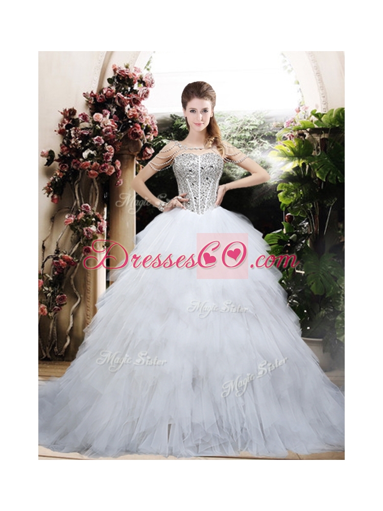 Beautiful Ball Gown Chapel Train Wedding Dress with Beading and Ruffles