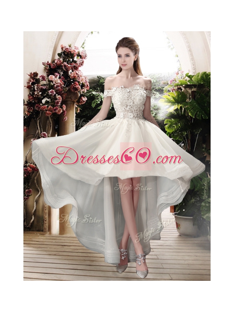 Beautiful Off the Shoulder High Low Wedding Dress with Appliques