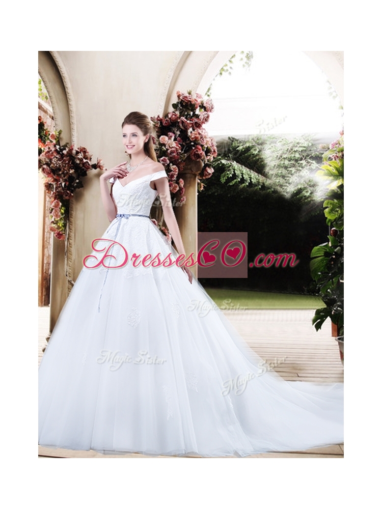 Cheap Off the Shoulder Wedding Dress with Appliques and Belt