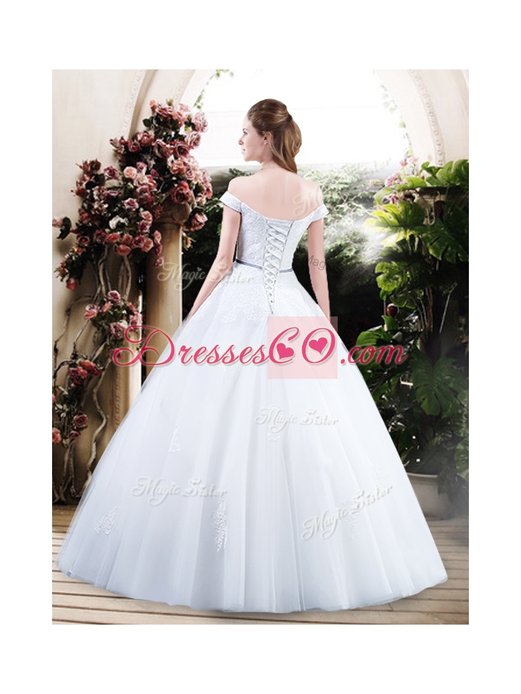Cheap Off the Shoulder Wedding Dress with Appliques and Belt