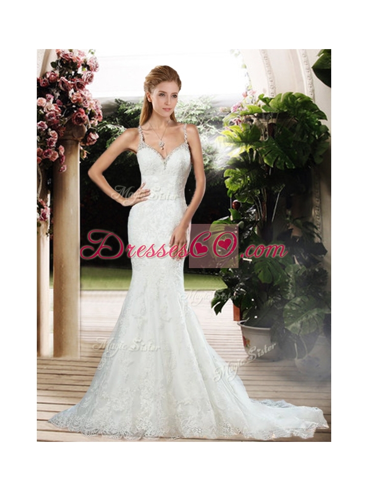 Elegant Straps Beaded and Lace Wedding Dress with Court Train