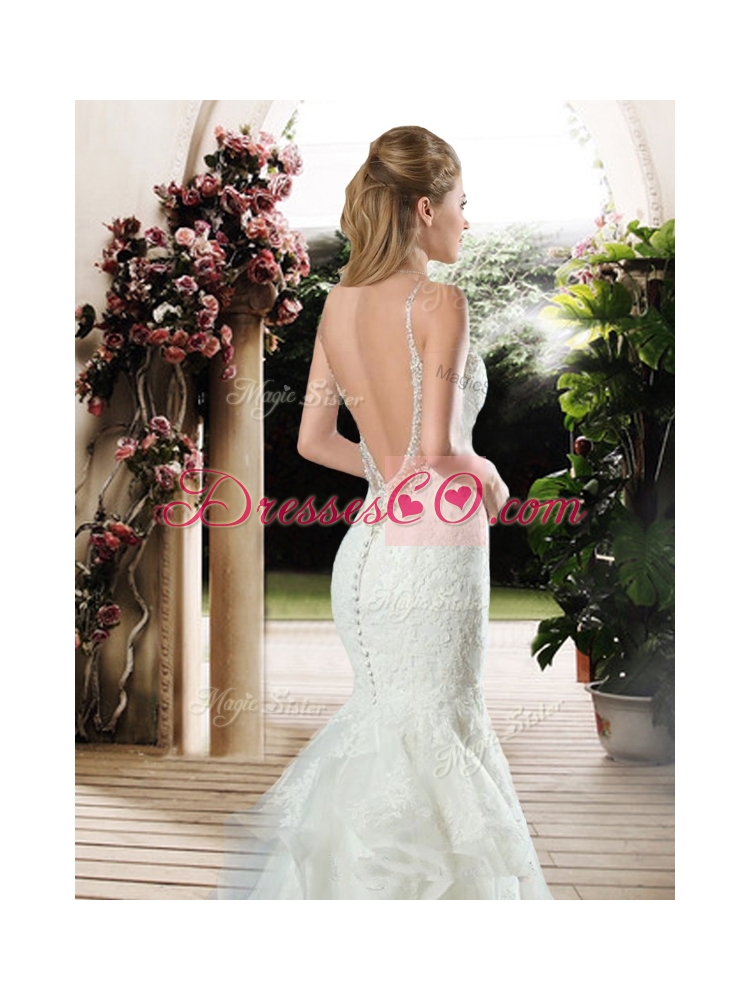 Elegant Straps Beaded and Lace Wedding Dress with Court Train