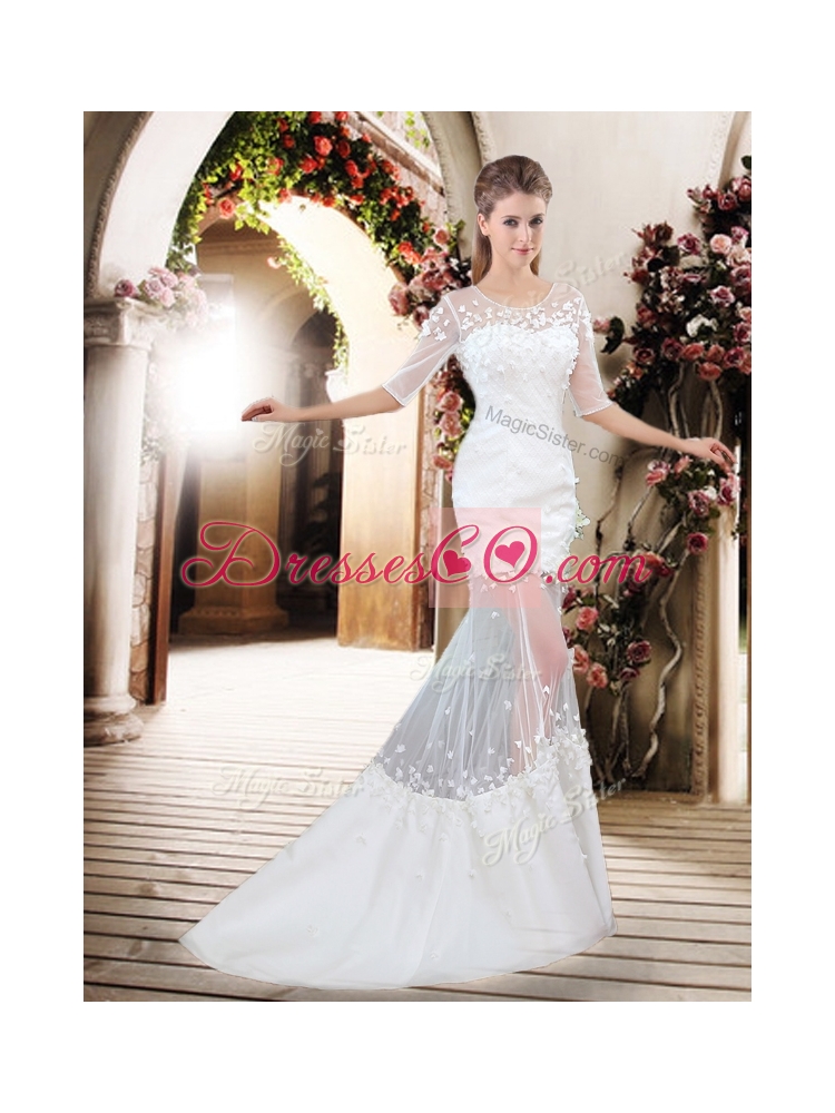 Exquisite Column Scoop Brush Train Appliques Wedding Dress with Half Sleeves