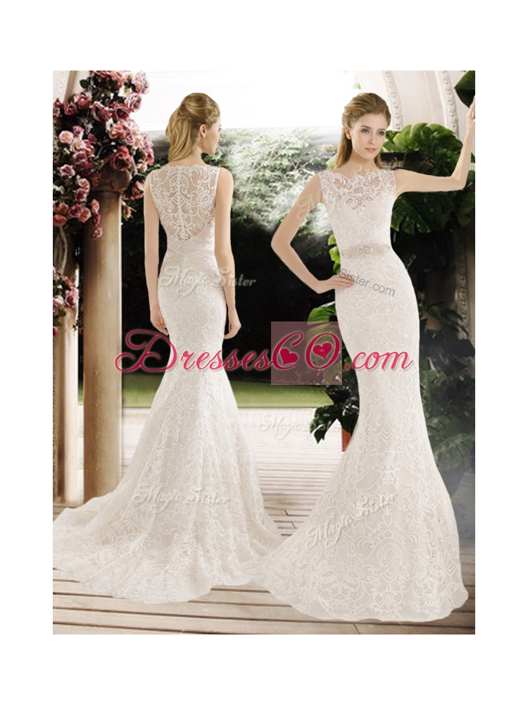 Hot Sale Mermaid Lace and Belt Wedding Dress with Brush Train