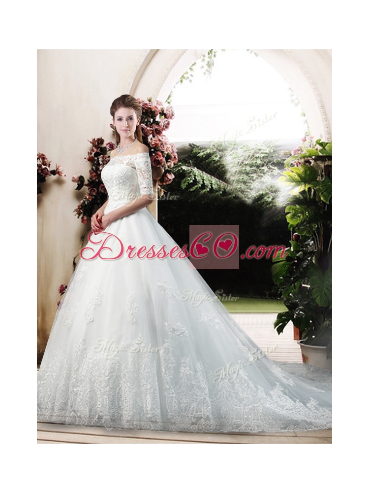 Latest A Line Off the Shoulder Half Sleeves Wedding Dress with Appliques