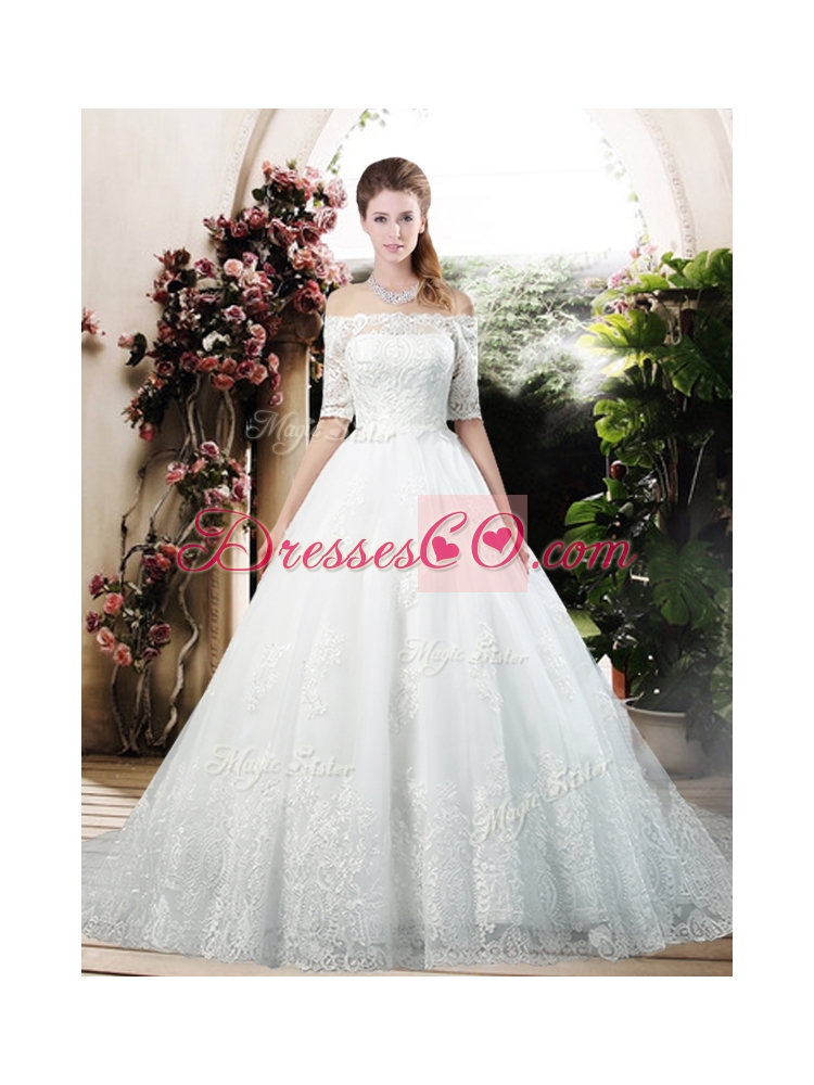 Latest A Line Off the Shoulder Half Sleeves Wedding Dress with Appliques