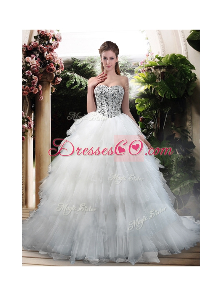 Latest Beading and Ruffles Wedding Dress with Court Train