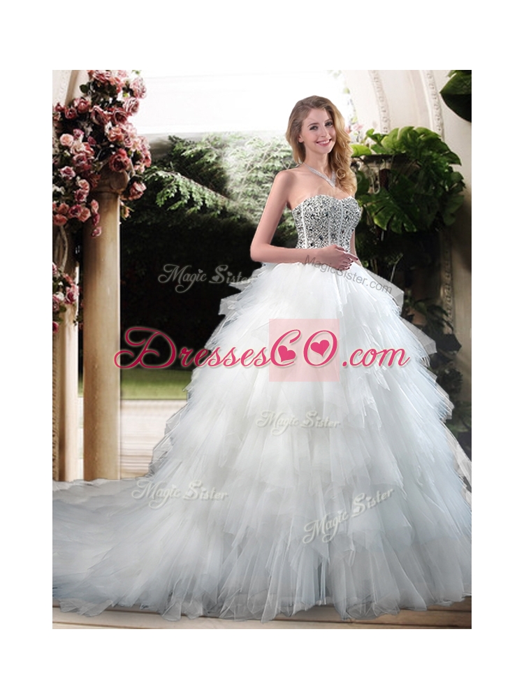 Latest Beading and Ruffles Wedding Dress with Court Train