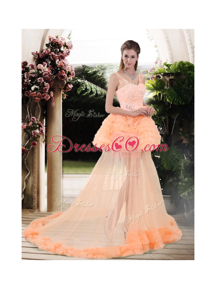 Lovely Ball Gown V Neck Wedding Dress with Appliques and Ruffles