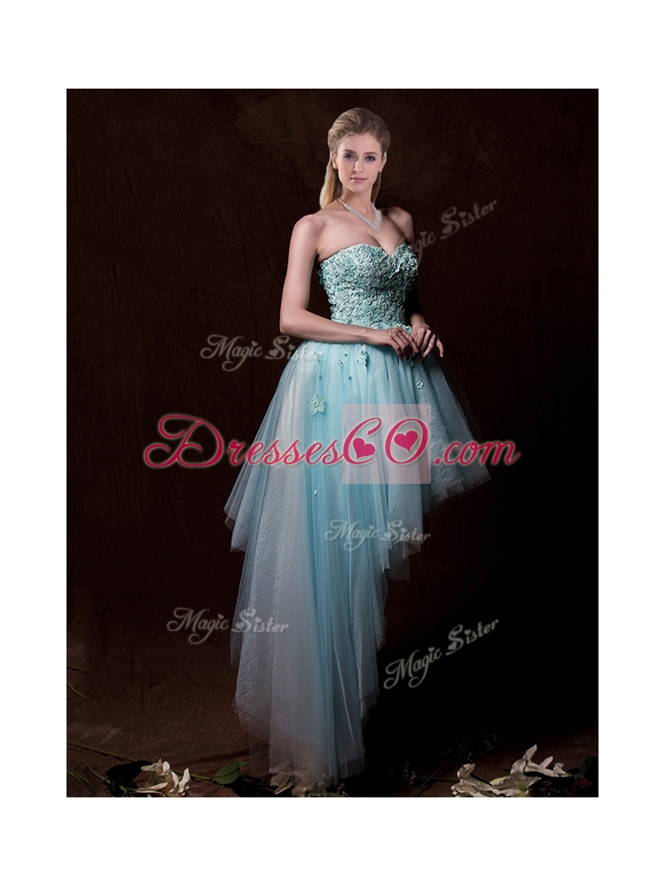 Low Price Appliques Light Blue Wedding Dress with Asymmetrical
