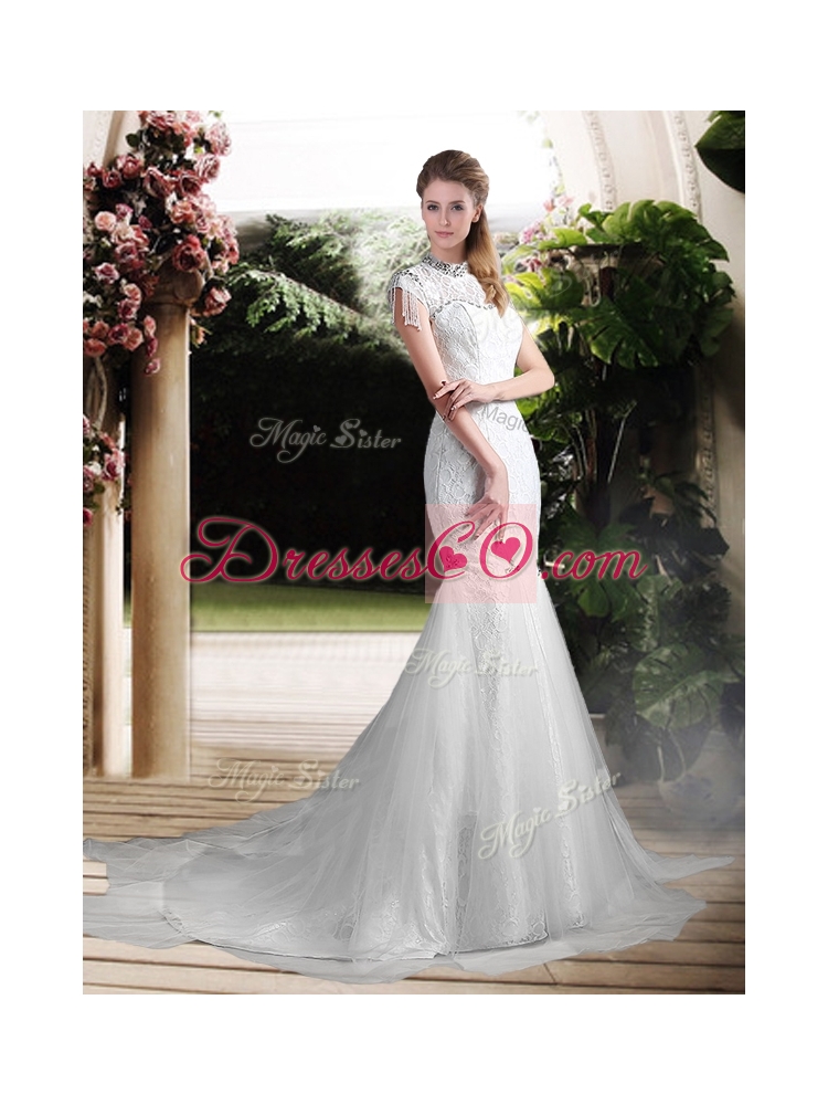 Luxurious Mermaid High Neck Beading Wedding Dress with Brush Train