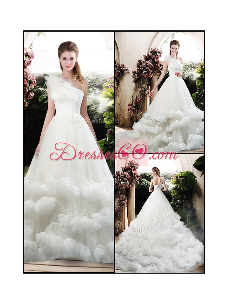 Popular One Shoulder Wedding Dress with Appliques and Ruffles