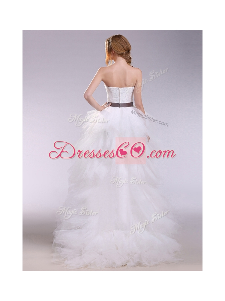 Romantic High Low Ruffles and Belt Wedding Dress with Zipper Up