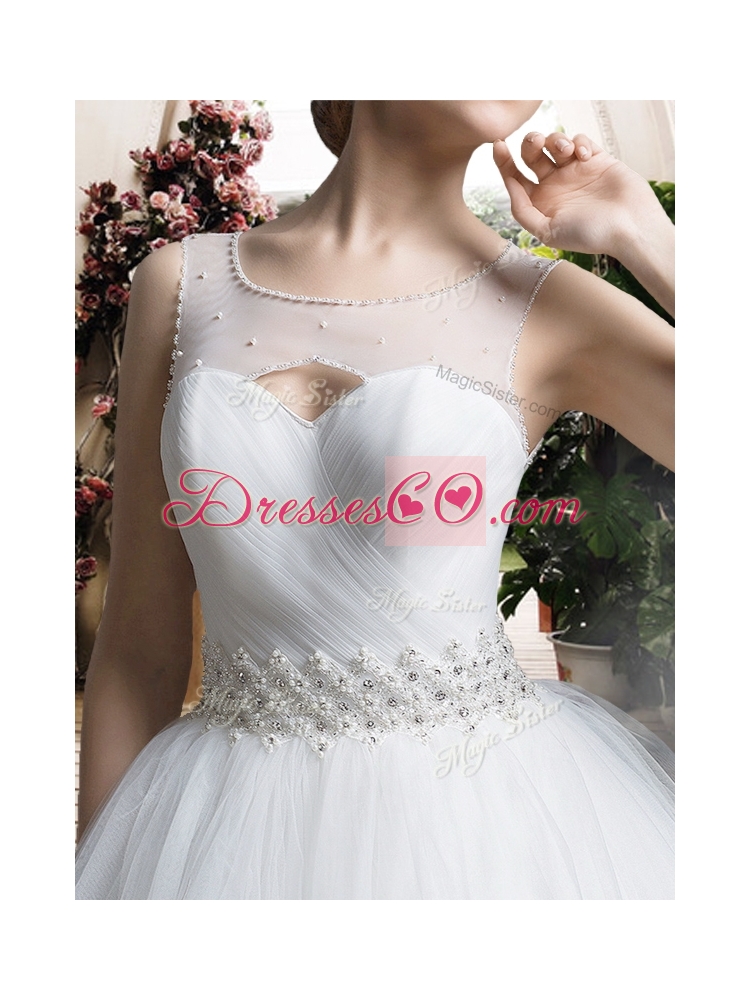 Simple A Line Scoop Wedding Dress with Beading and Belt