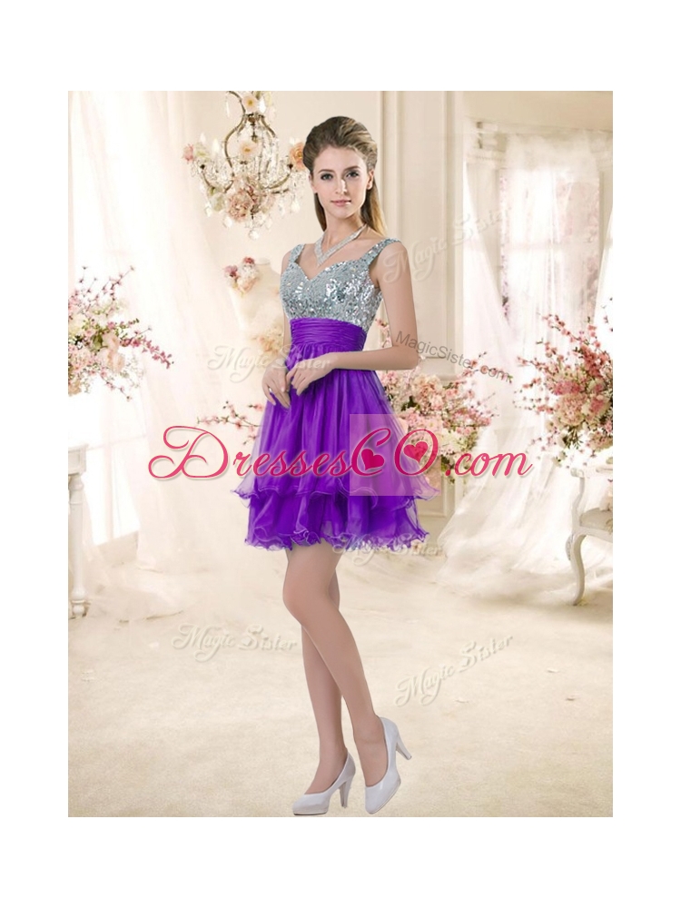 Straps Short Purple Bridesmaid Dress with Sequins