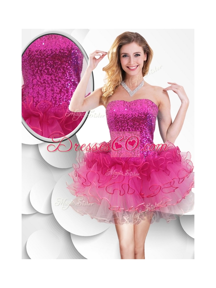 Colorful Strapless Short Bridesmaid Dress with Sequins and Ruffles