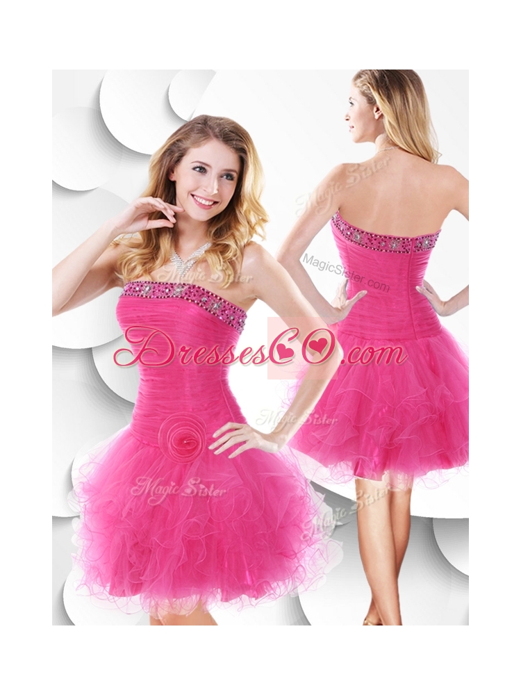 Luxurious Strapless Hot Pink  Bridesmaid Dress with Beading and Ruffles