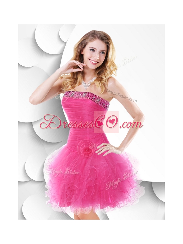 Luxurious Strapless Hot Pink  Bridesmaid Dress with Beading and Ruffles