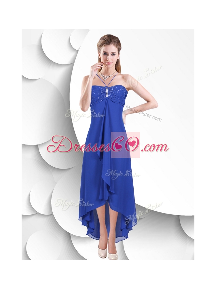 Simple Spaghetti Straps High Low Blue Bridesmaid Dress with Beading