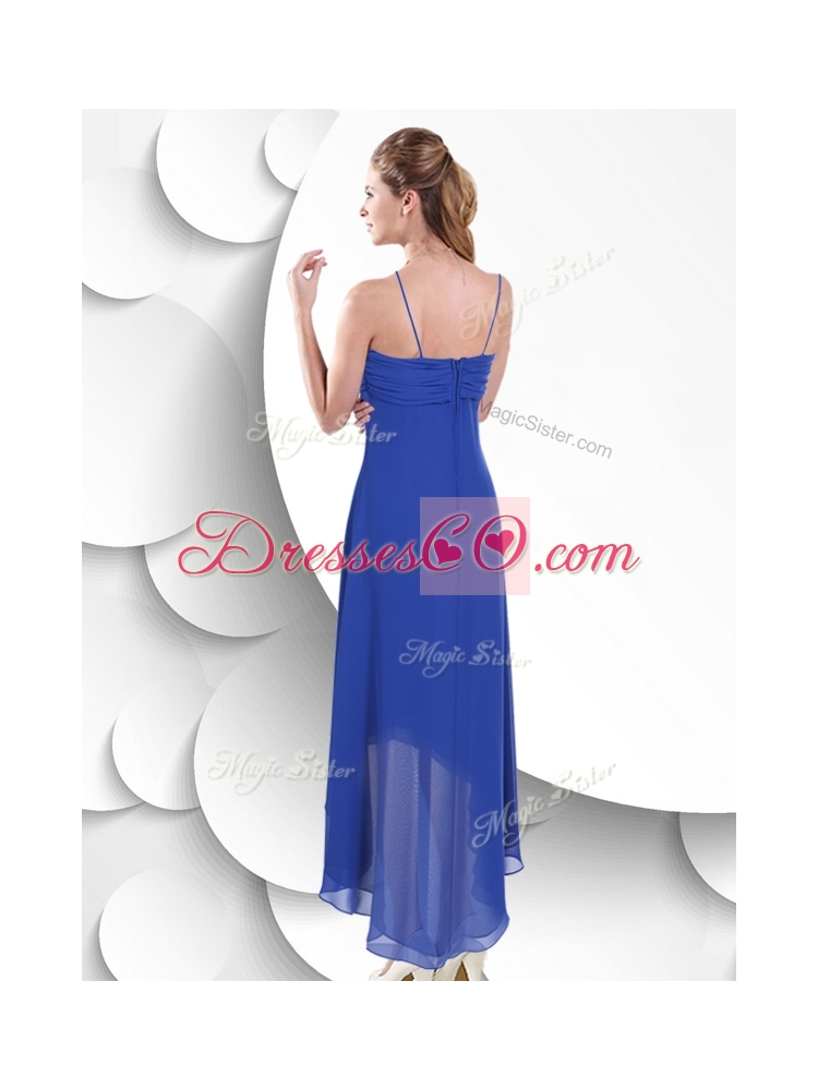 Simple Spaghetti Straps High Low Blue Bridesmaid Dress with Beading