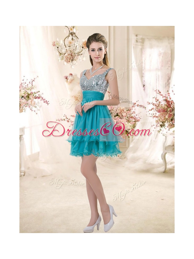 Top Straps Short Sequins Bridesmaid Dress in Teal