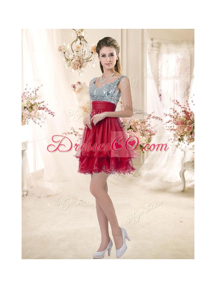Wonderful Straps Sequins and Ruching Dama Dress in Wine Red