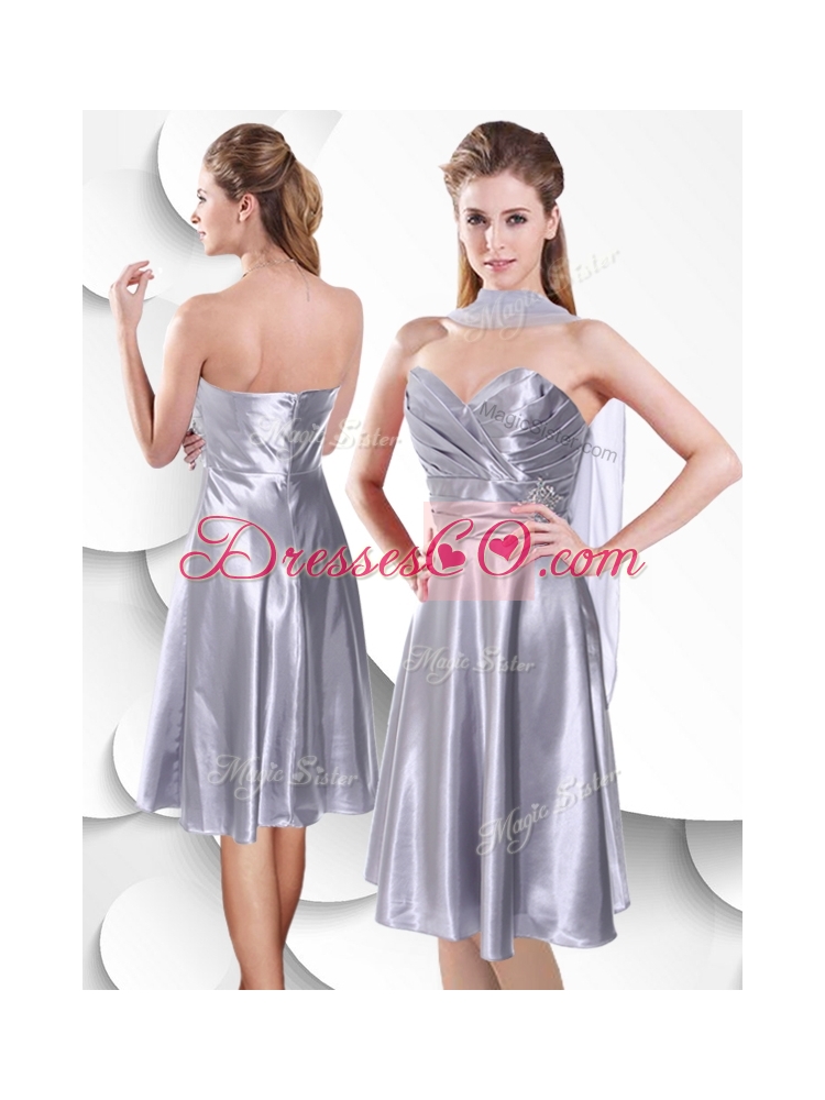 Empire Elastic Woven Satin Silver Prom Dress with Beading and Ruching
