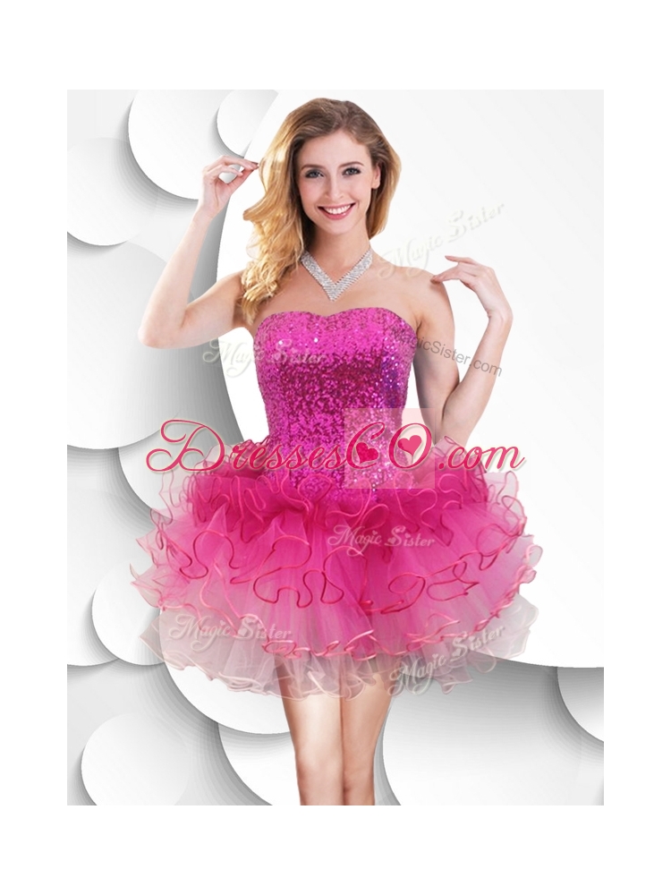 Hot Sale Short Strapless Prom Dress with Sequins and Ruffles