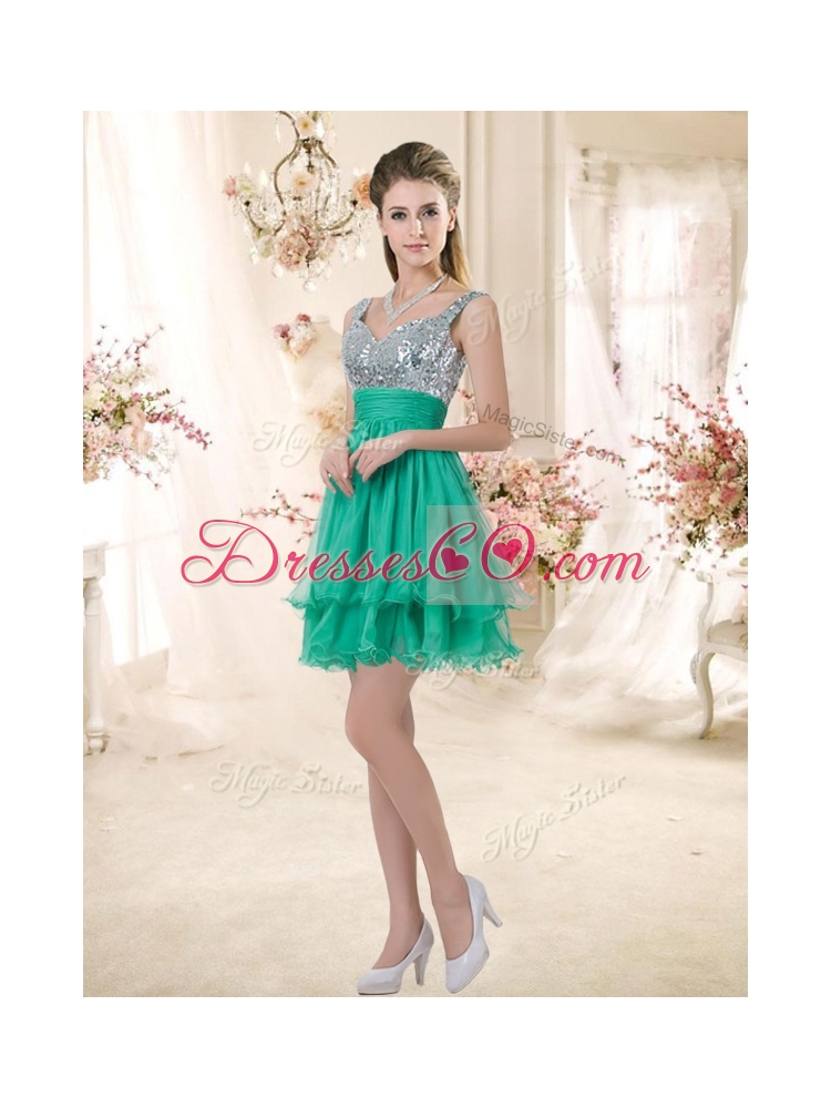 Fashionable Straps Short Bridesmaid Dress with Sequins for