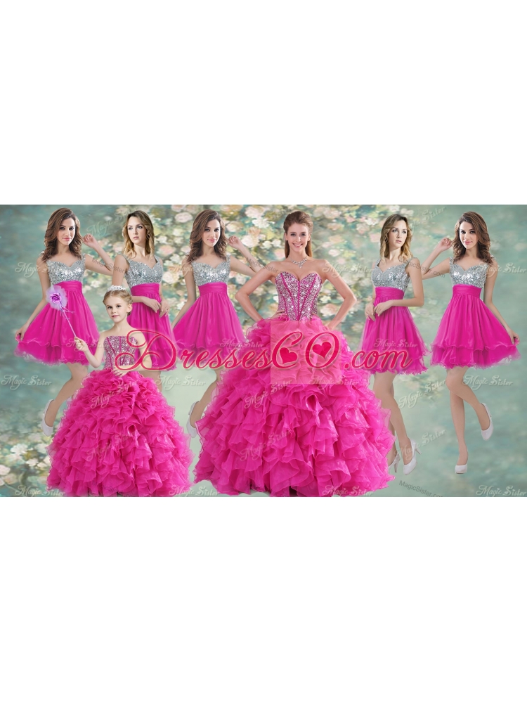 Pretty Hot Pink Beaded and Ruffled Quinceanera Dress and Short Sequined Dama Dressand Strapless Mini Quinceanera Dress