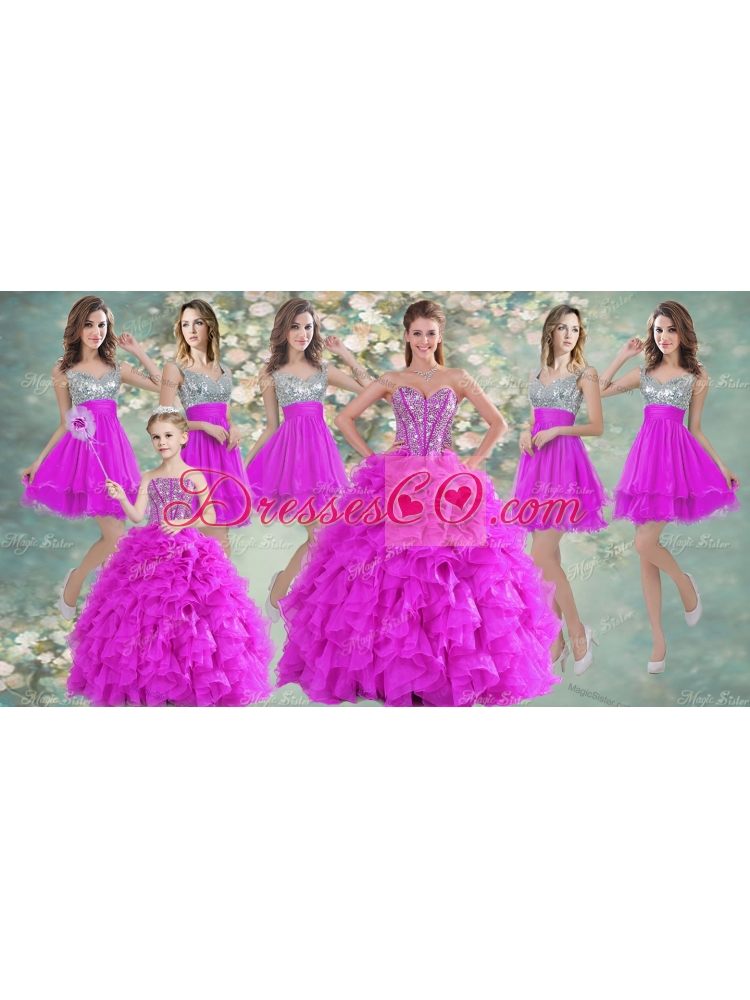 Visible Boning Fuchsia Sweet 16 Gown and Sequined Dama DressBeaded and Ruffled Mini Quinceanera Dress