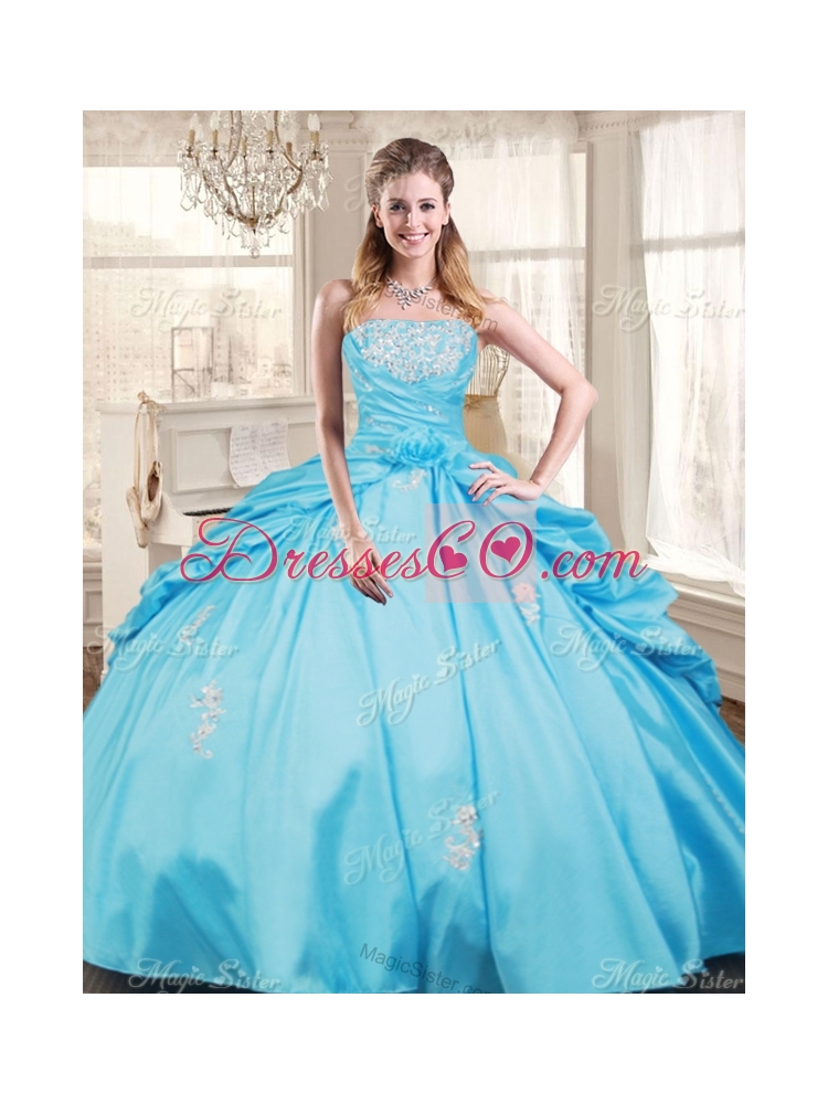 Fashionable Applique Aqua Blue Quinceanera Dress and Short Blue Dama Dresses